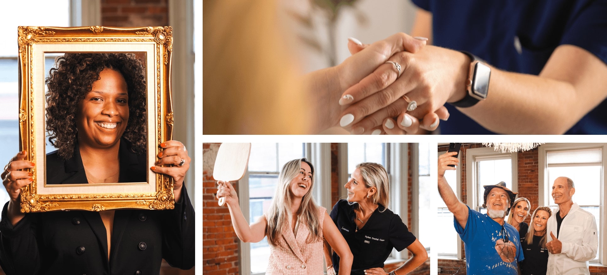 Discover the excellence of premium dental care with our dedicated team at our Fairview Park location. Don't wait, schedule your appointment today and take the first step toward a healthier, happier smile! Cheerful faces adorn the Hylan Dental Care collage, showcasing the team and happy patients